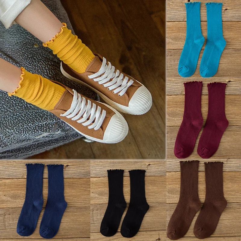 

LNRRABC Female Socks Agaric Edge 10 Color Heap Medium Tube 1 Pairs Autumn and Winter High Quality Pure Cotton