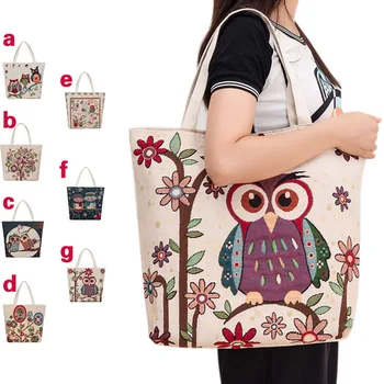 

Canvas Cute Cartoon Floral Owls Print Shoulder Bag Retro Women Handbags Tote Big Capacity Shopping Bags 88 Best Sale-WT