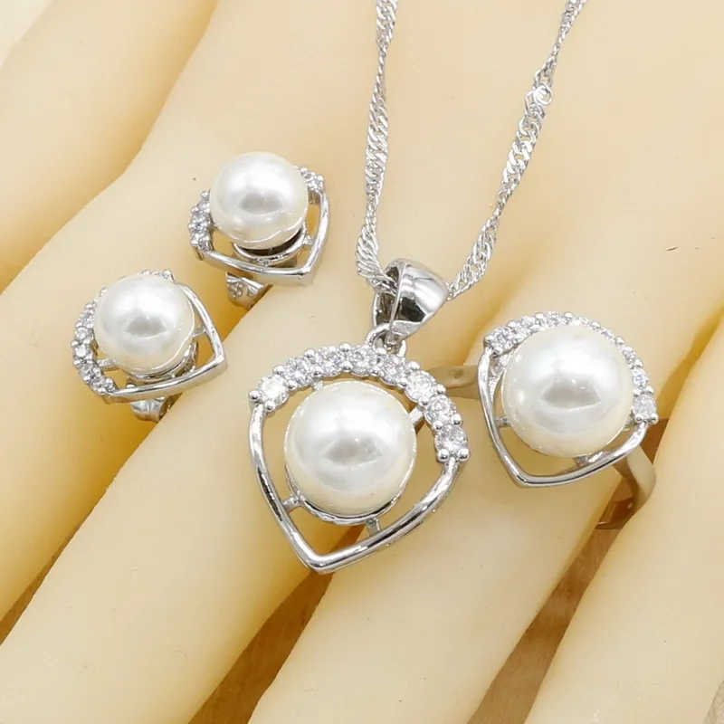 

White Freshwater Pearl 925 Silver Jewelry Sets For Women Necklace Pendant Earrings Rings Wedding Bridal Jewelry
