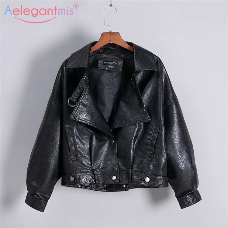 

Aelegantmis Short Loose Pu Leather Jacket Women Autumn Winter Soft Faux Leather Jackets Black Biker Jacket Ladies Casual Outwear