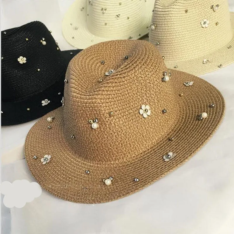 Новая мода заклепки блестки жемчужные украшения солнечные шляпы для женщин летние шапки соломенная шляпа 6 цветов