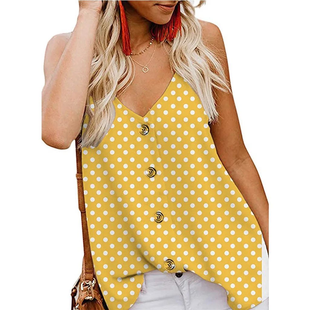 

2019 Sexy Women's Button Down V Neck Strappy Print Tank Top Loose Casual Sleeveless Zomer Strand Vest Zomer Mode Kleding # 20