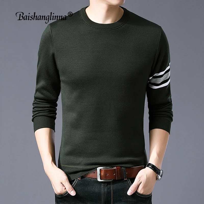 Baishanglinna 2018 Winter Casual Men's Sweater O-Neck Striped Slim Fit Knittwear Mens Sweaters Pullover Men Pull Homme 18109