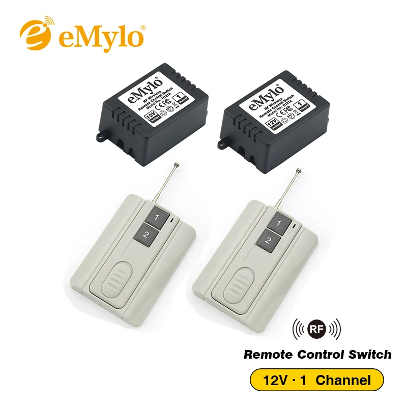 

eMylo Wireless Switch, DC 12V Smart Remote Control Light 433Mhz Inching Self-locking Wide White Transmitter 2X 1-Channel Relays