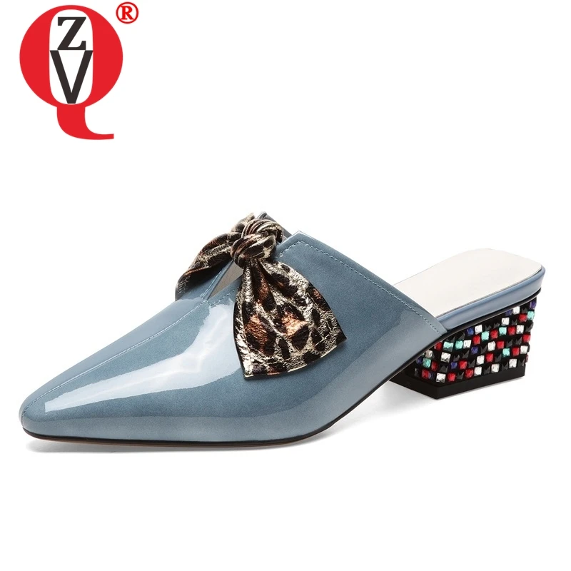 

ZVQ shoes woman 2019 summer new fashion sexy pointed toe patent leather woman slippers outside med square heels crystal shoes