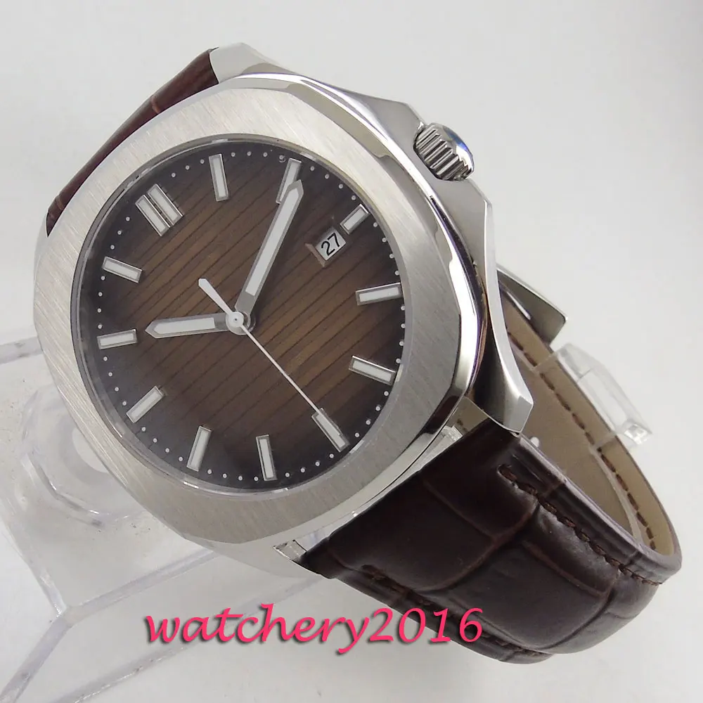 

39mm Brown Sterile Dial Sapphire Glass Date Steel Case No Logo Automatic Movement Mens Watch