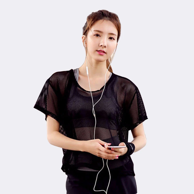 

SALSPOR New Women Sport Shirt Yoga Mesh Breathable Blouse Transparent Fitness Running Sports Sexy Soild Color Female T-shirt