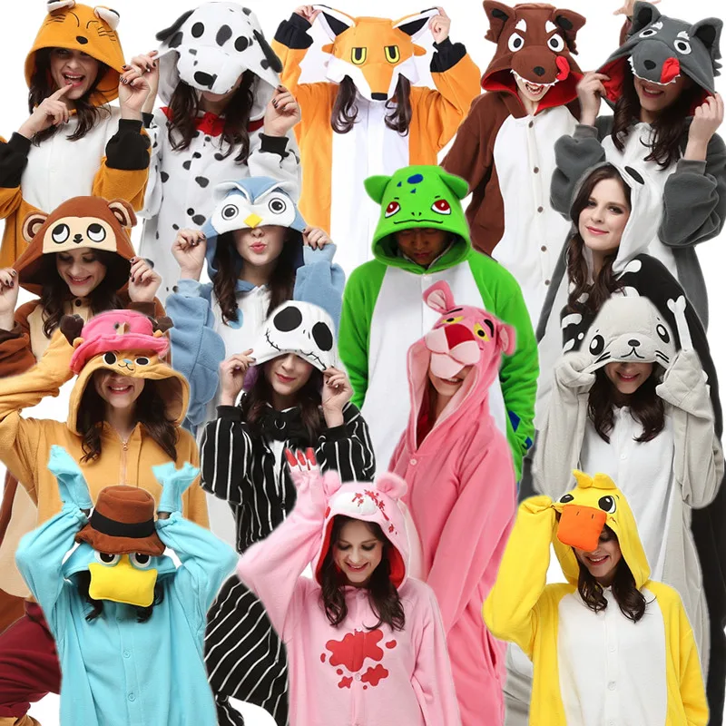 

Adults Cartoon Kigurumi Animal Onesies Costume Fox Wolf Pink Pather Skeleton Jack Skellington Bulbasaur Monkey Gloomy Seal Duck