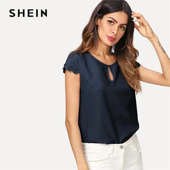 SHEIN Navy Keyhole Front Round Neck Layered Scallop Cap Sleeve Blouse Top Women Summer Plain Office Lady Casual Tops and Blouses Blouses & Shirts Women's Women's Clothing
