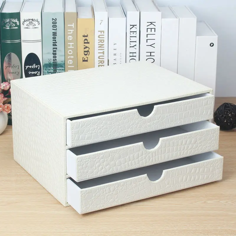 home office 3-drawer wood leather desk file cabinet storage drawer box organizer document holder rack tray crocodile white 217E