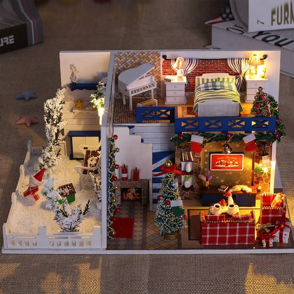 

Hot! Assemble DIY Doll House Toy Wooden Miniature Doll Houses Miniature Dollhouse Toys With Furniture Dust Cover LED Xmas Gift