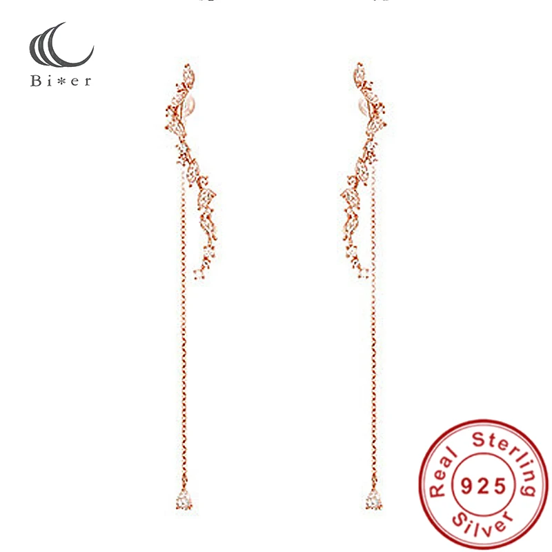 

925 Sterling Silver Earrings Rose Gold Rhinestone Crystal Zircon Long Tassel Earring for Wedding Party Birthday Gift