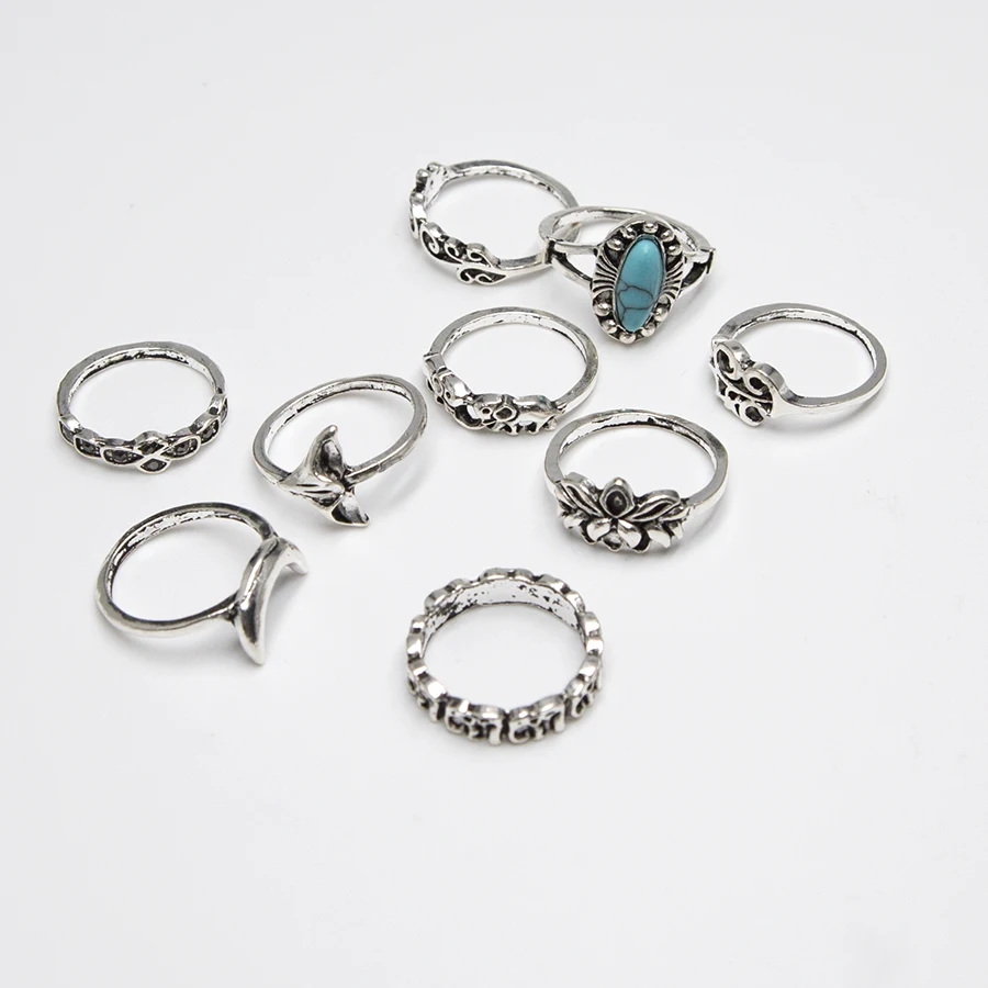 

Idealway 9Pcs/Set Vintage Green Stone Moon Shape Rings for Bohemian Women Silver Gold Finger Ring Boho Gypsy Tribal Jewelry