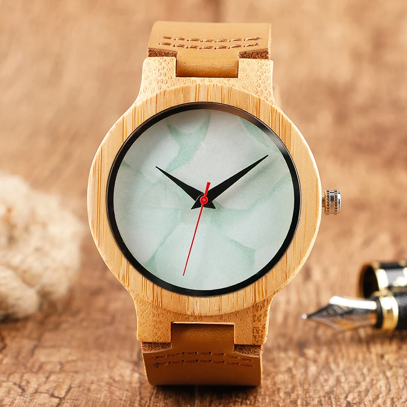 Fashion Marble Pattern Dial Nature Wood Quartz Watches Light Hand made Bamboo Wooden Wristwatch Genuine Leather