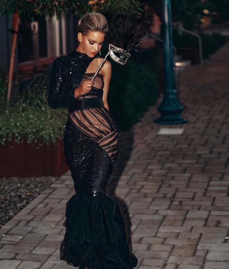 

2019 New Spring Style Black Color One Shoulder Floor Length Bodycon Fancy dress Club Night Dress Wholesale