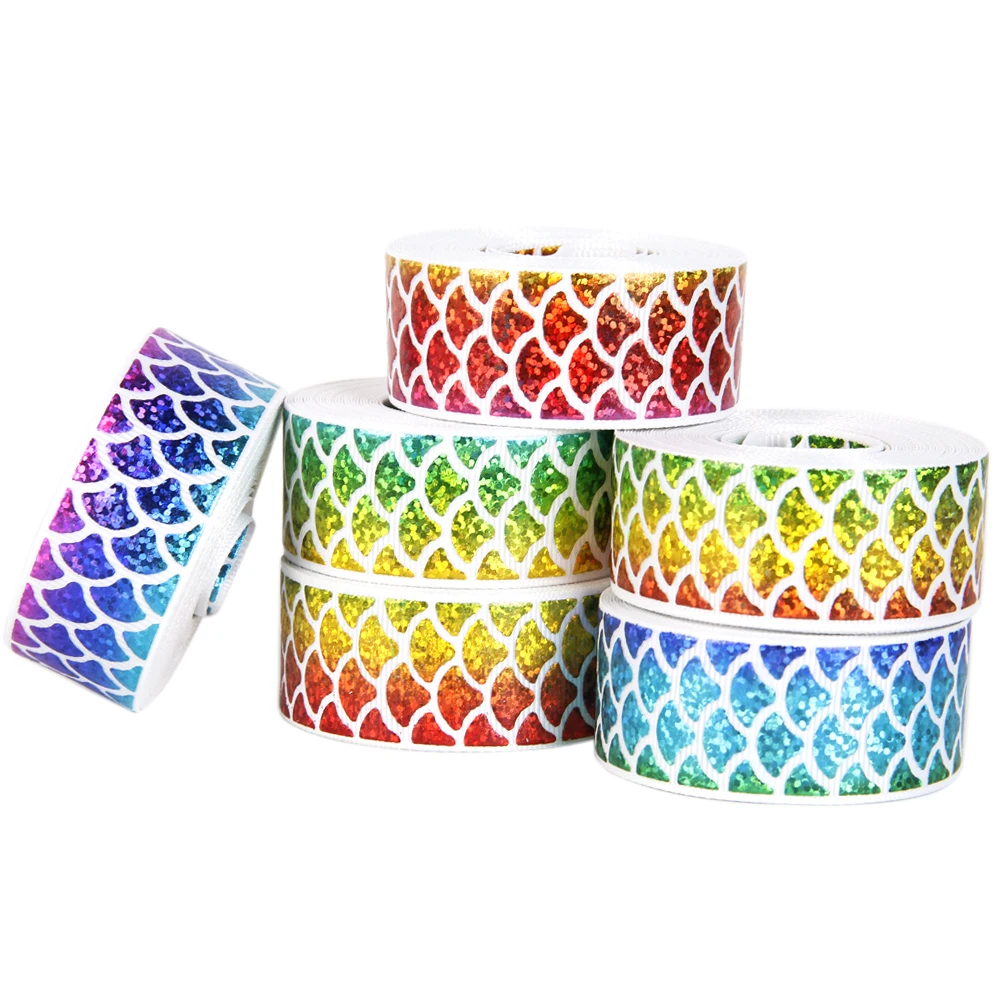 

David accessories 1''25mm laser rainbow(Random Color) Fish scales colors change random grosgrain ribbon 5yards,5Y56963
