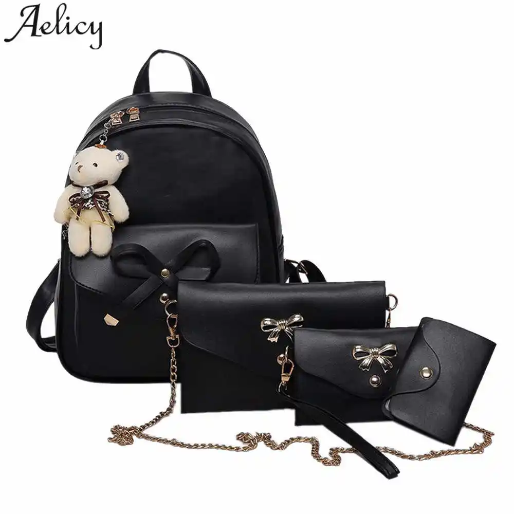 

Aelicy Fashion Composite Bag Pu Leather Backpack Women Cute 4 Sets Bag School Backpacks For Teenage Girls Black Gray Bags