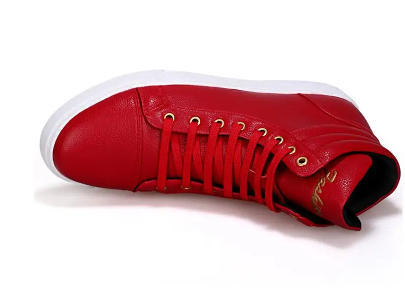 New Fashion High Top Casual Shoes For Men PU Leather Lace Up Red White Black Color Mens Casual Shoes Men High Top Shoes Retail