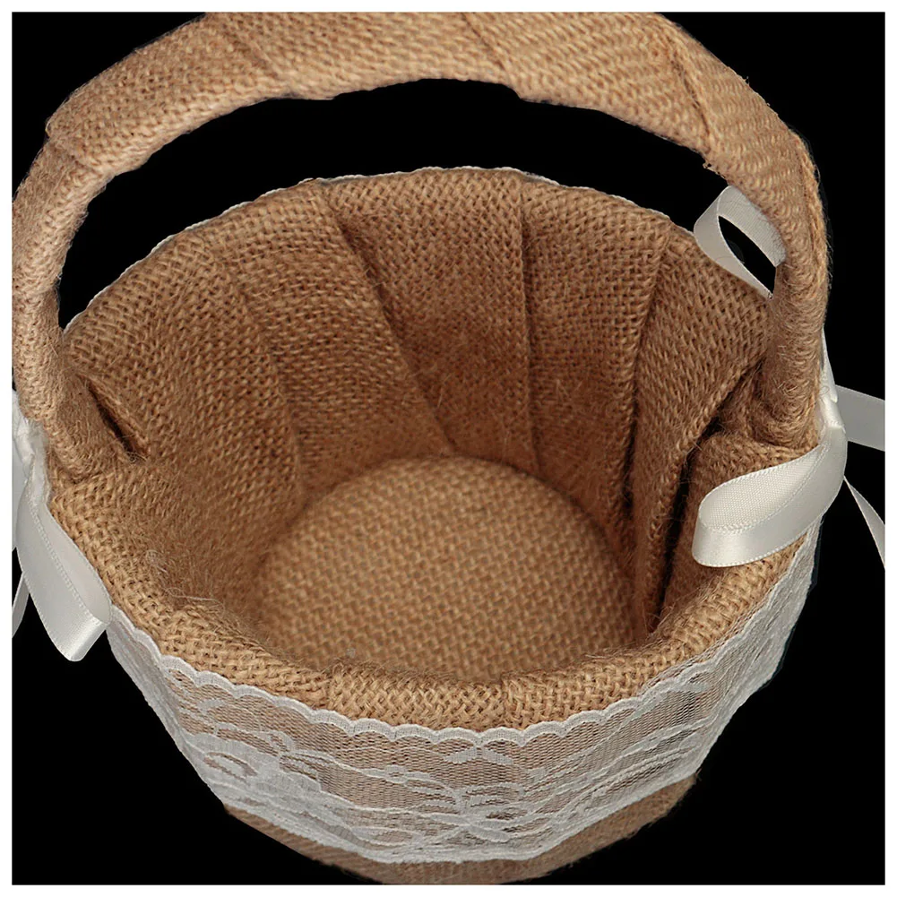 

Vintage Rustic Wedding Ceremony Hessian Burlap And Lace Flower Girl Basket