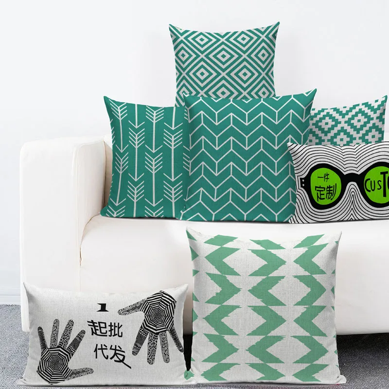 

Hot Sales Linen Square Green Geometric Printing Sofa Cushion Cover Pillow for Bedroom Sofa Home Decor Car Throw Pillows