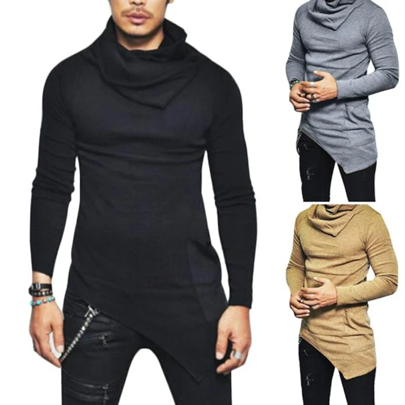 Men Hip Hop T Shirts Irregular Hem Long Sleeve Pullover 