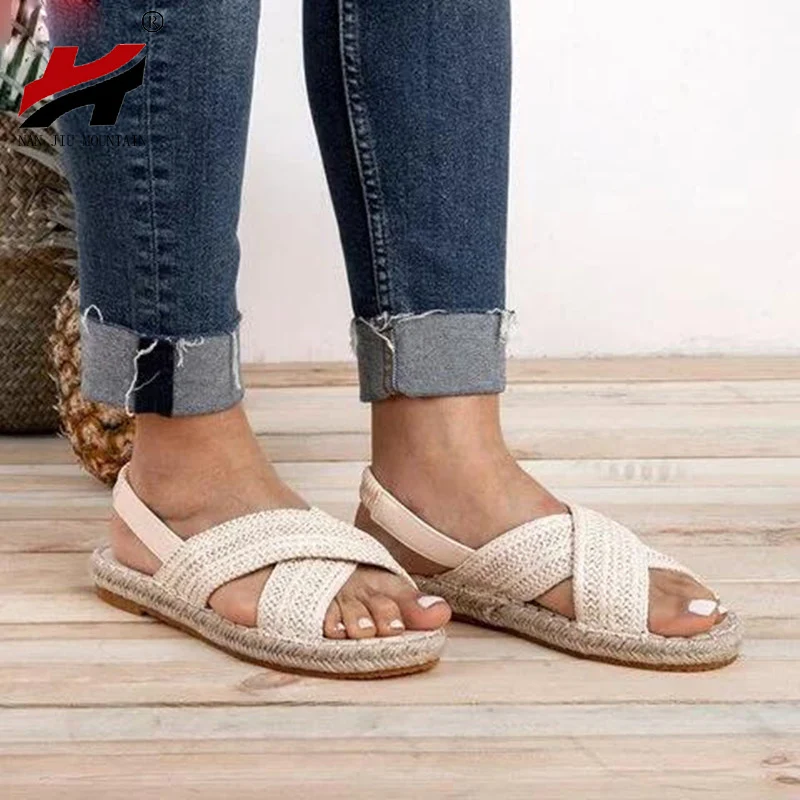 NAN JIU MOUNTAIN Women Sandals 2019 Summer Flat Sandals Casual Rattan Knitting Rear Elastic Band Simple Lady Wind Plus size