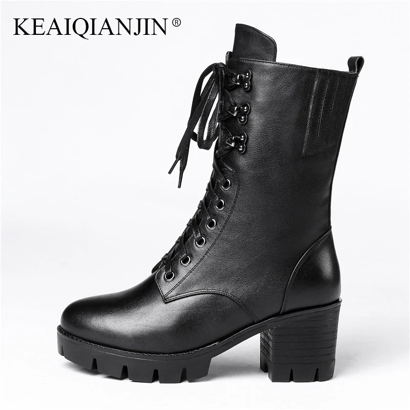 

KEAIQIANJIN Genuine Leather Lace Up Martin Boots Women Winter Autumn Black Mid Calf Boots Riding Equestrian High Heeled Boots