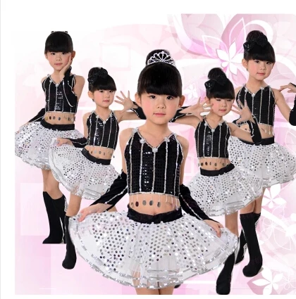 Новое поступление китайский костюм дети блестками Современный Джаз девочек Танец Экипировка сценический костюм черный топы и Серебристые