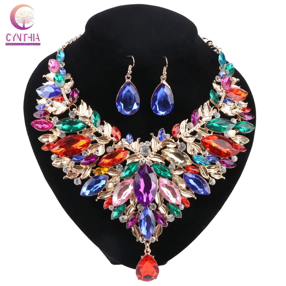 Hot Sale Crystal Bridal Jewelry Sets Gold color Drop Earrings Statement Necklace Fashion ...