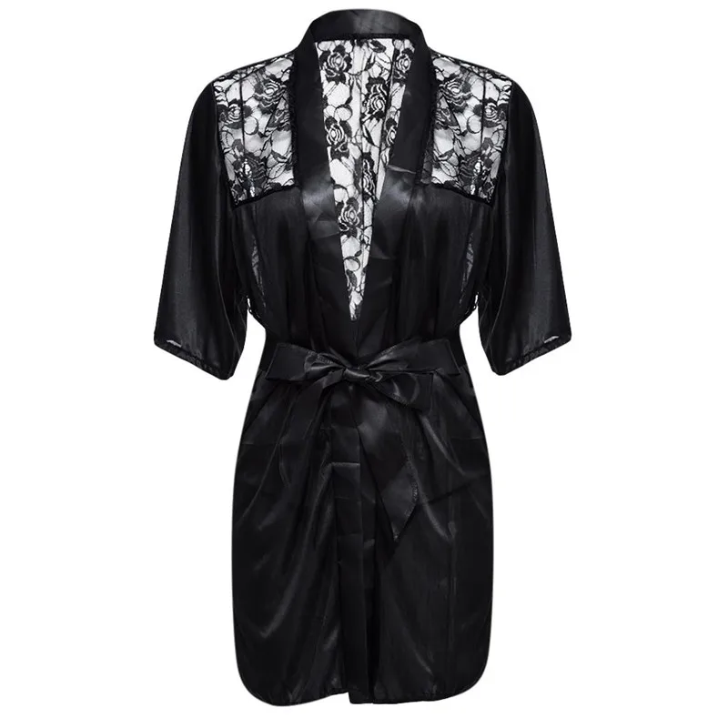 

New Hot Sexy Lingerie Plus Size Satin Lace Black Kimono Intimate Sleepwear Robe Sexy Night Gown Women Erotic Underwear
