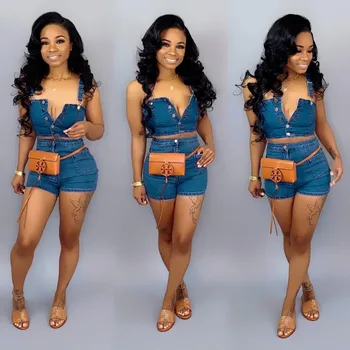 

2019 Summer Solid Color Bandage Off Shoulder Sleeveless Casual Strap Strapless Cowboys Tops Shorts Women Two Piece Suits