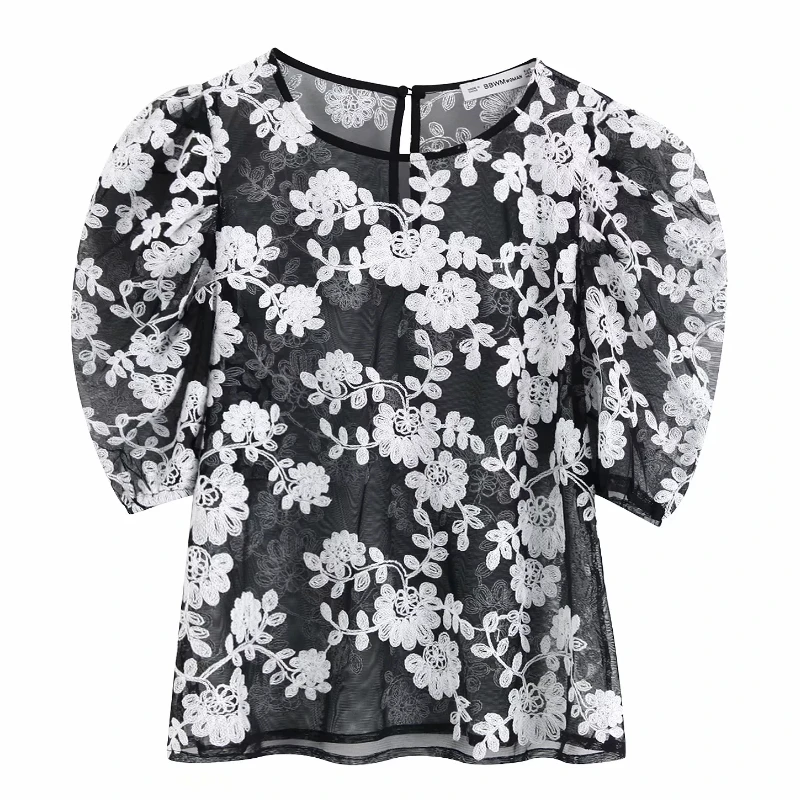 Новая женская темпераментная Цветочная вышивальная сетка рубашка Блузки женское с буфами рукав прозрачный Повседневный roupas blusas шикарные топы LS3971