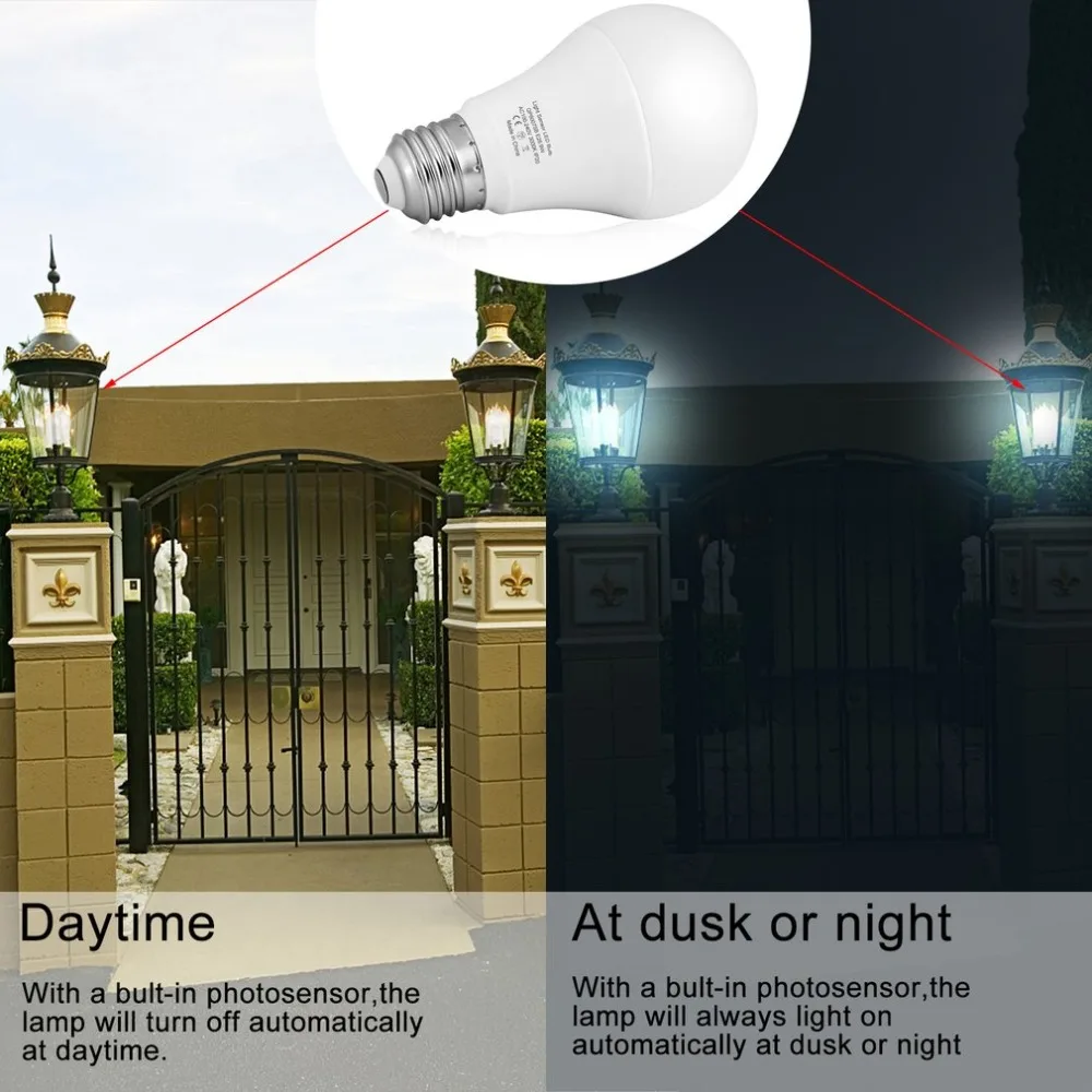 

9W E26 Intelligent Light Sensor LED Bulb 3000K with Auto Switch Outdoor/Indoor Lamp Built-in Photosensor Detection