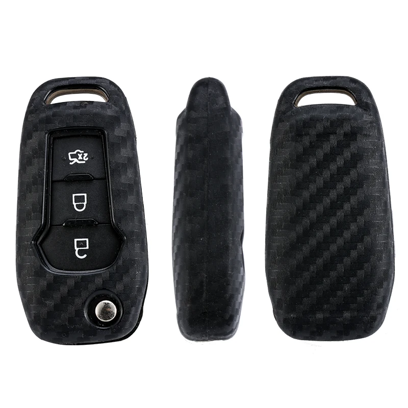 

Carbon Fiber Pattern Silicone Car Key Case Flip Key Cover Keychain for Ford Mondeo Explorer F150 F-250 F-350 F-450 F-550