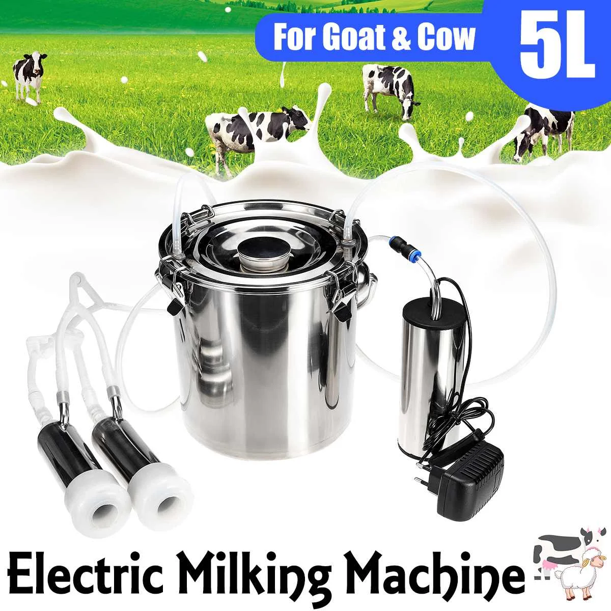 

5L Upgraded Version Dual Heads Electric Cow Goat Sheep Milking Machine Vacuum Pump Stainless Steel Bucket 110V~240V