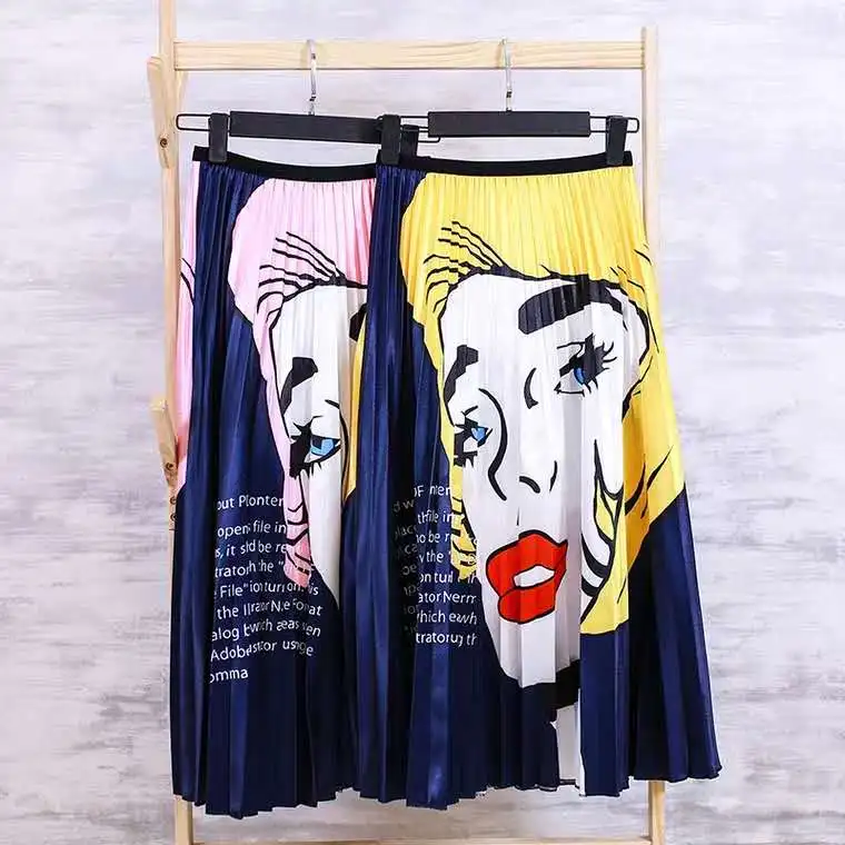 

Harajuku Black Pleated Cartoon Midi Skirts Korean Streetwear Style Women Clothes 2019 High Waist Elastic Waist Skirts