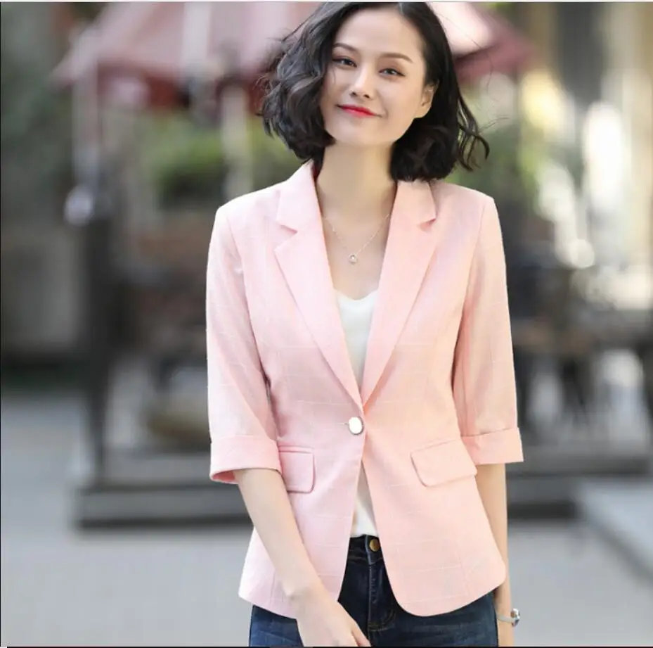 Spring Summer Plaid Small Suit Female Jacket Korean Summer Thin Temperament Half Sleeve Plaid