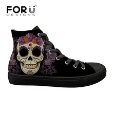 FORUDESIGNS Punk Estilo Vintage estampado de calavera vulcanizar Zapatos de mujer encaje casual-alta Zapatos de mujer de lona transpirables Zapatos