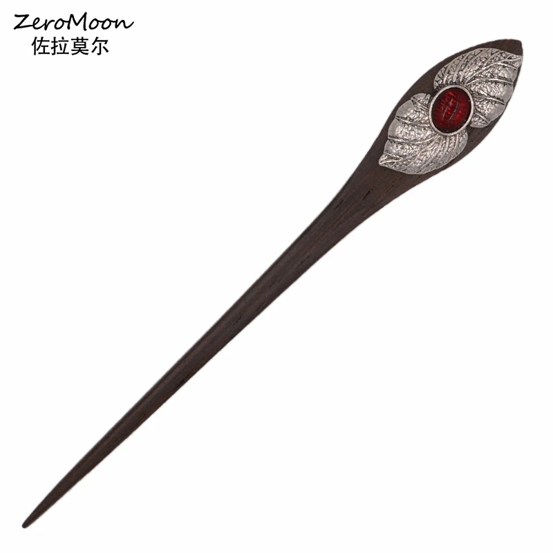 

Vintage Wood Hair Stick Women Hair Accessory Headwear Metal Leaves Oval Stone Hairpin Fashion Jewelry