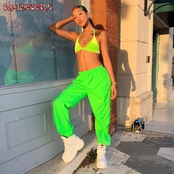 

RAISEVERN Colorful Color-block Contrast Metallic Nylon Pants 2019 Spring Women Modern Lady Elegant Tapered/Carrot Pants