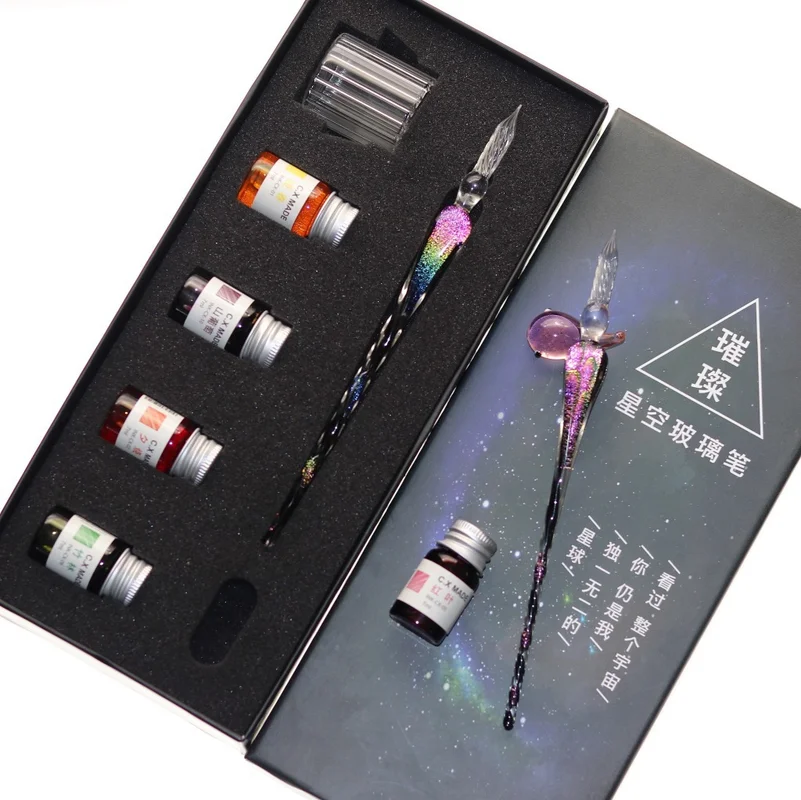 Creative Starry Sky Glass Pen Dip Pen Color Ink Gift Set Signature Pen Gift for Friends and Students Office Stationery Supplies