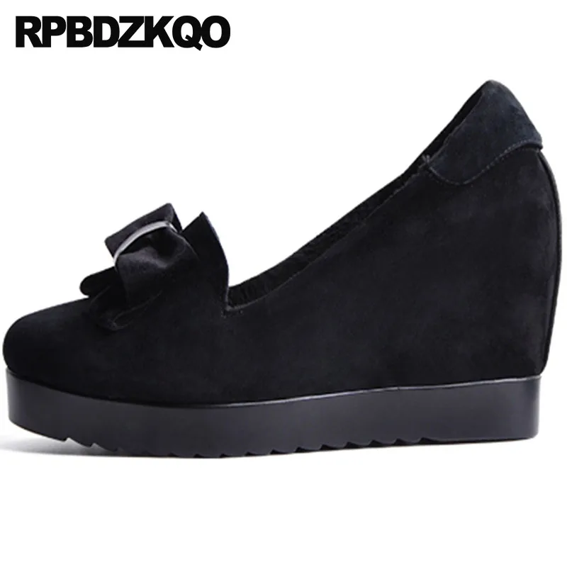 33 Fur Élégant Dames vin Rouge Bout Pouces En Compensées Lined Office Hauts 34 Qualité Noir Cachée Cuir Noir 3 Rond black Arc Suede Chaussures Taille Pompes Talons 4 Véritable 4PwUf7