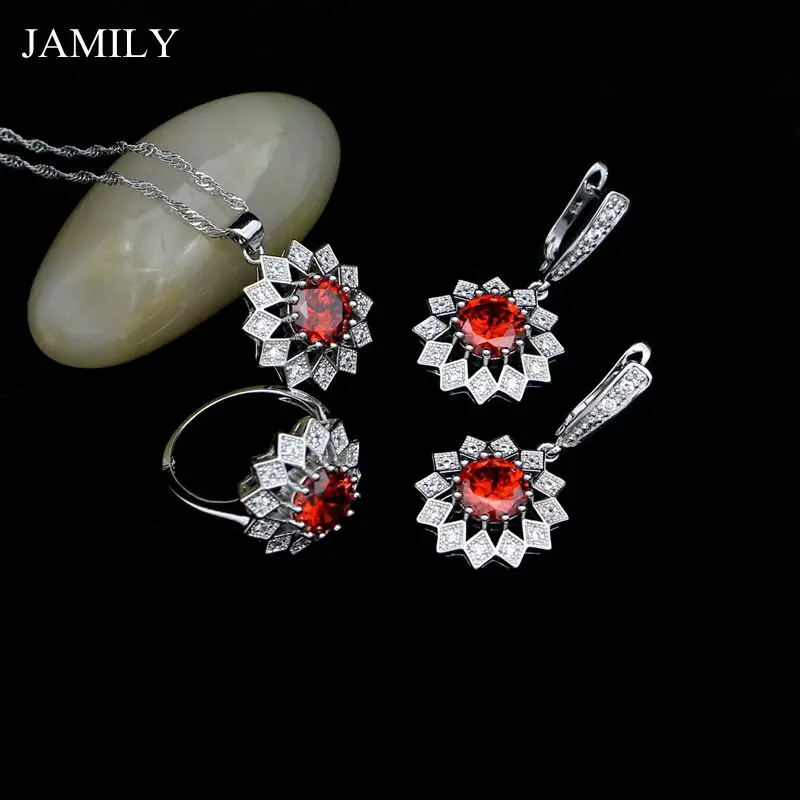 Fashion 925 Sterling Silver Jewelry Sets For Women Red CZ Earrings Necklace Ring Pendant New In 2018 Low Price Sale | Украшения и
