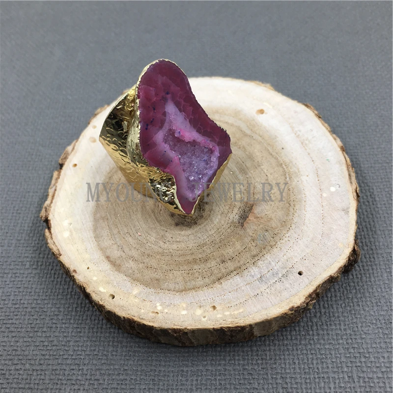 MY1040 Natural Agates Druzy Geode Rings Gold Color Base Rings (8)
