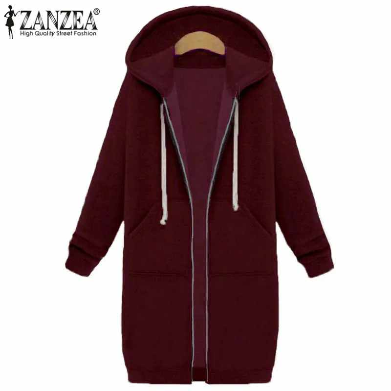 Размера плюс ZANZEA зимняя женская повседневная с капюшоном на молнии с длинным рукавом и карманами свободная теплая Длинная толстовка пальто верхняя одежда куртки - Цвет: Claret