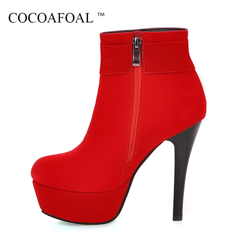 

COCOAFOAL Women's Autumn Winter Plus Size 41 43 High Heeled Shoes Sexy Buckle Red Wedding Ankle Boots Fashion Martin Boots 2018
