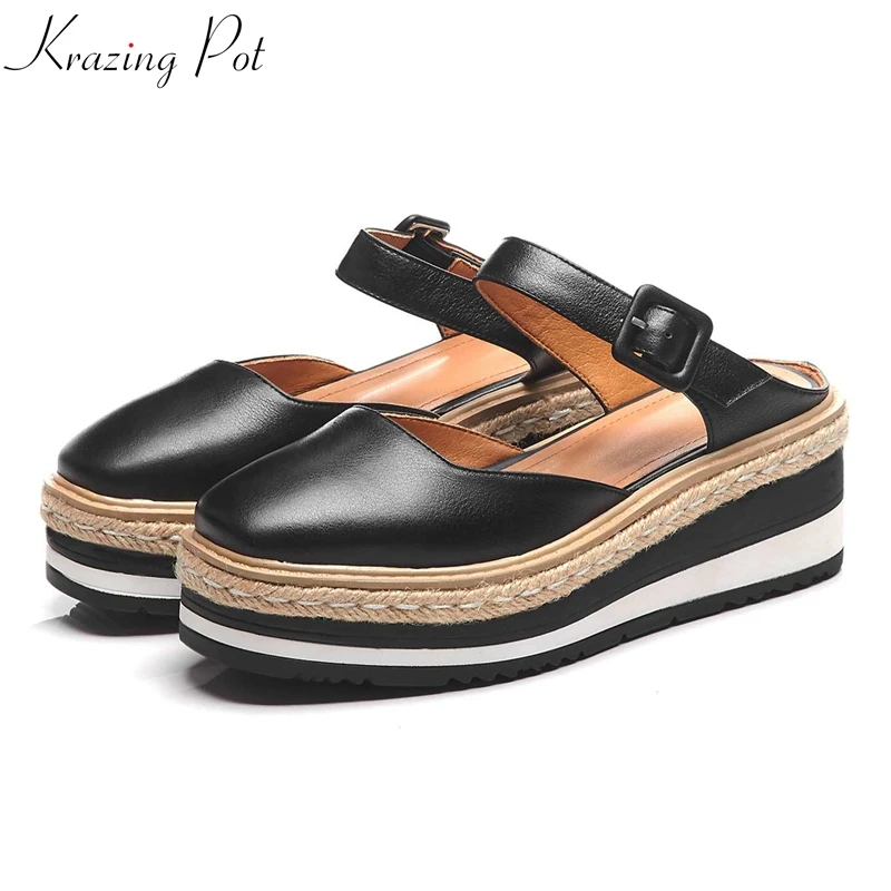 

Krazing Pot genuine leather wedge med heels European Summer square toe straw thick bottom literary style mixed color pumps L60