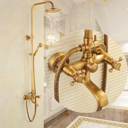 

Bathroom Retro Shower Set Faucet + Tub Mixer Tap + Handheld Shower + Tub Spout Antique Brass Mixer Tap Dual Handles Wall Mounted