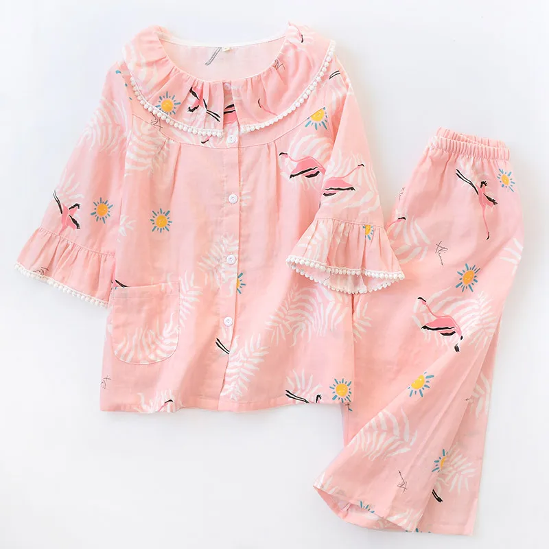 Female Summer Seven-Sleeve Pijama Mujer Pink Pure Cotton Yarn Sleepwear Sexy Pajama Sets Women Korean Cute Sweet Thin Home Suit - Color: Pink crane