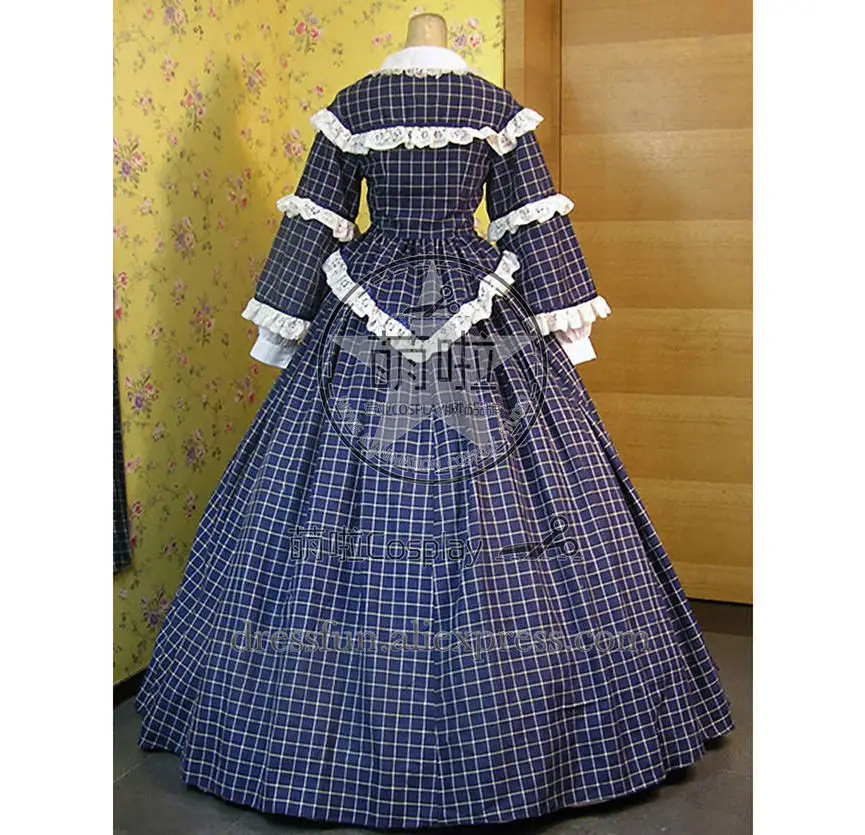 Гражданская война Викторианский Gingham бальное платье День с грациозным кружевом